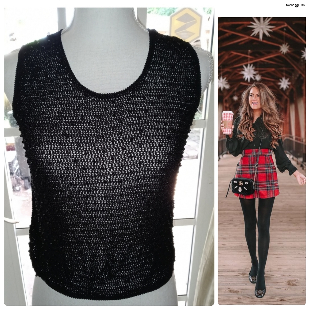 Pointelle Knit Semi Sheer Black Open Crochet Beaded Tank Top Size Small
